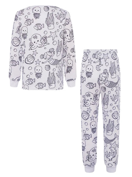 Kids Pajama Sets Hand-Painted Long Sleeve Top Elastic Waist Pants Home Sleepwear