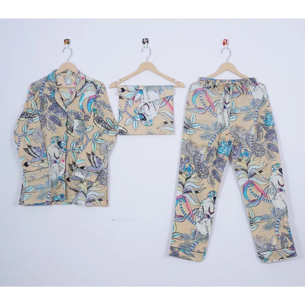 Indian Cotton Pajama Set Hand Block Monkey Print Women Yoga Wear Dress ITW-54