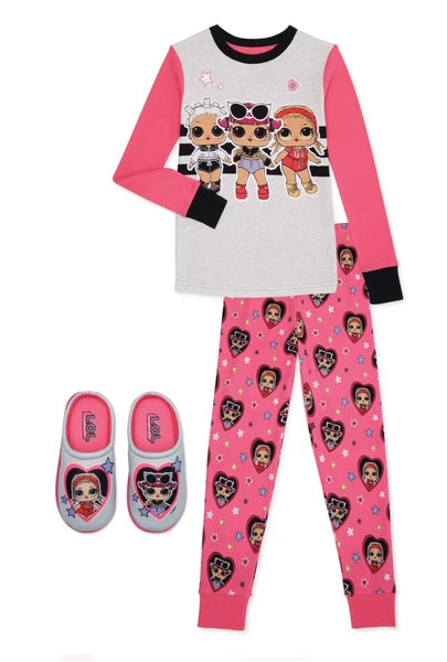 LOL Surprise Girls Pajamas & Slipper Set NWT 6 8 10 Pink Gray Black