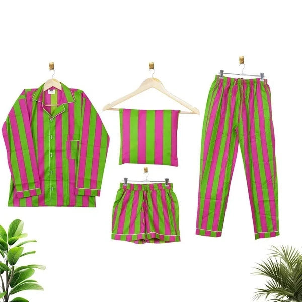 Indian 100%Cotton Hot Pant With Top & Pajama PJ Sets Nightwear Suit Stripe Print