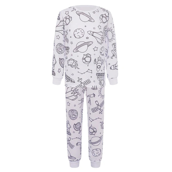 Kids Pajama Sets Hand-Painted Long Sleeve Top Elastic Waist Pants Home Sleepwear