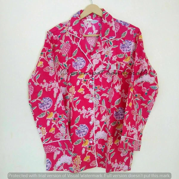 Indian Floral Printed Hippie Cotton Pink Women Gypsy Top-Pajama set Sleepwear