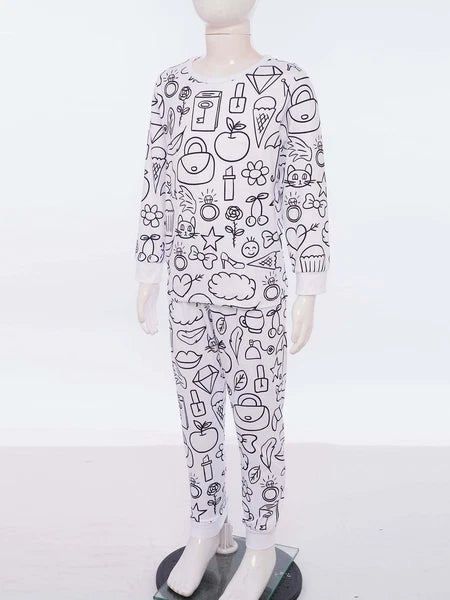 Kids Pajama Sets Hand-Painted Long Sleeve Top Elastic Waist Pants Home Sleepwear