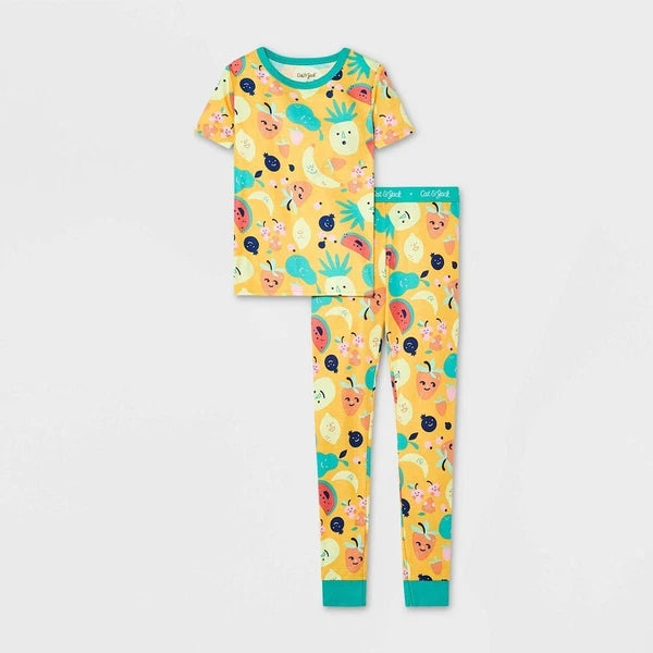 Cat & Jack Girls Yellow Fruit Print 100% Cotton Snug Fit 2pc Pajama Set Size 6