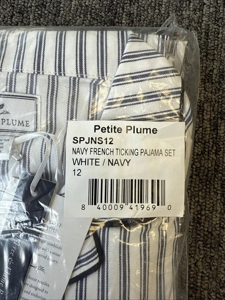 Petite Plume Kid's Twill Pajama Set in Navy French Ticking NWT MSRP $58 Sz 12