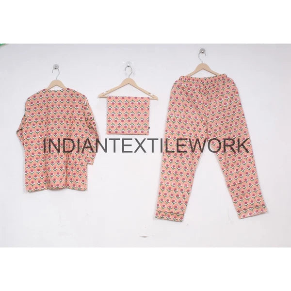 Indian Cotton Pajama Set Floral Print Home Wear Dress Morning Yoga Cotton PJ Set