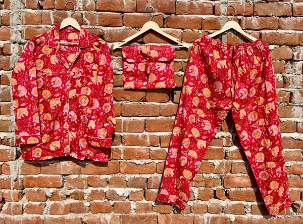 Indian Cotton Red Floral PJ Set Bridesmaid Pajama Set Women Nightwear Suit US
