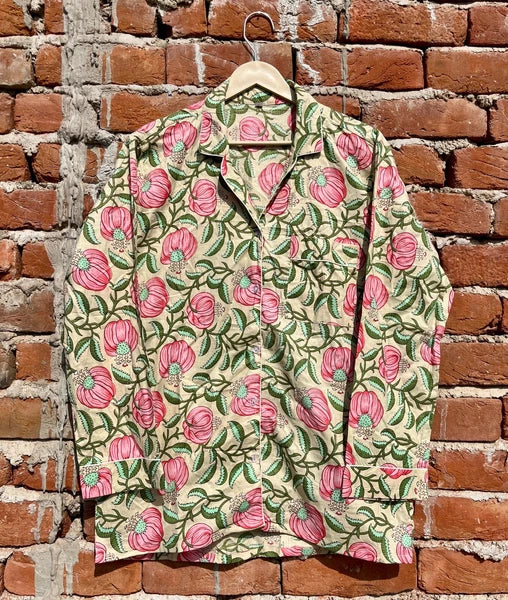 Indian Cotton Beige Floral PJ Set Bridesmaid Pajama Set Women Nightwear Suit US