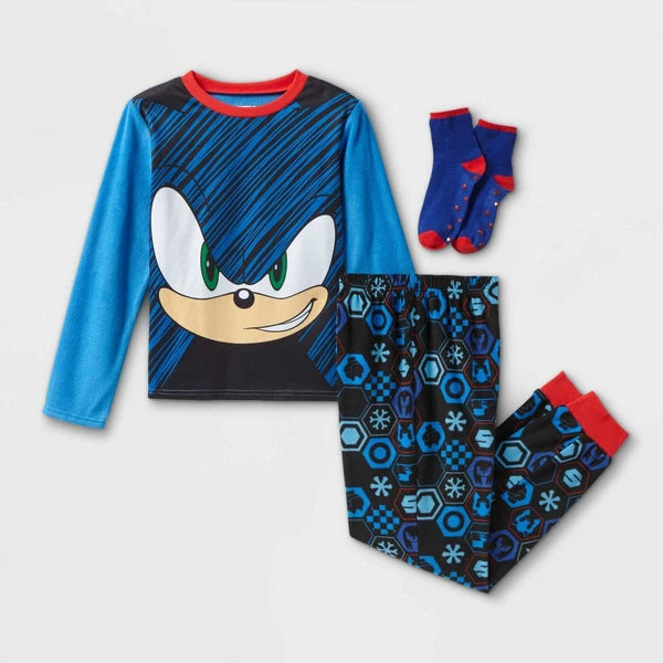 NWT Boys Sonic the Hedgehog Pajamas Set Shirt Pants 4 6 8 10 12 14 SEGA Socks