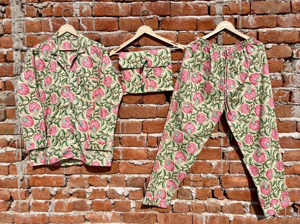 Indian Cotton Beige Floral PJ Set Bridesmaid Pajama Set Women Nightwear Suit US