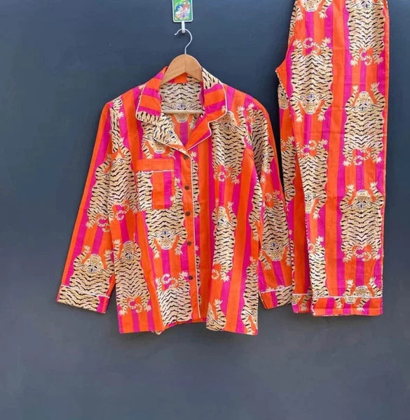 Indian Pink Tiger Striped Print Cotton Pajama Set Bridesmaid PJ Set Loose Cloths