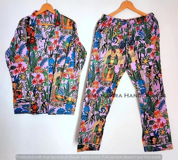 Indian Floral Print Cotton Baby pink hippie Sleepwear Bohemian Women Pajama set