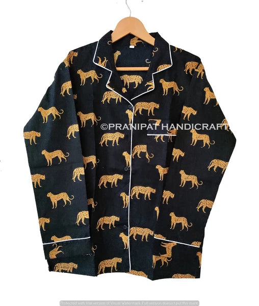 Indian Rose Printed Cotton Black Women Hippie Gypsy Top-Pajama set Sleepwear