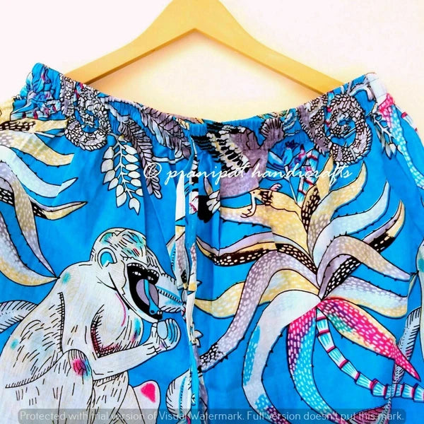 Indian Monkey Printed Cotton Turquoise Blue Women Gypsy Top-Pajama set Sleepwear