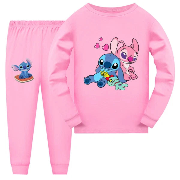 Girl Lilo Embroidered Long Sleeve T-shirt Pajama Set Casual Top Pants Set