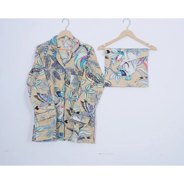 Indian Cotton Pajama Set Hand Block Monkey Print Women Yoga Wear Dress ITW-54