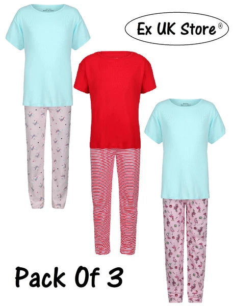 GIRLS 3 PACK PYJAMAS PJ SETS EX UK STORE NIGHT WEAR 7 8 9 10 11 YEARS BRAND NEW