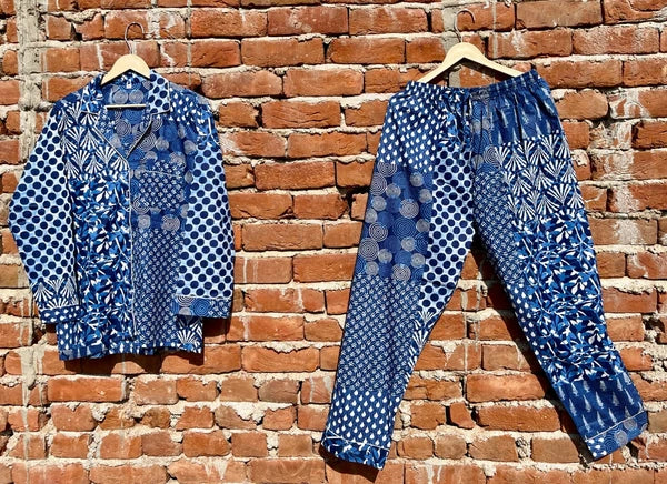 Indian Cotton Blue Patchwork PJ Set Bridesmaid Pajama Set Women Nightwear Suits