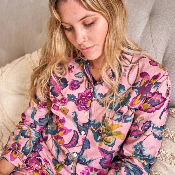 Indian Cotton Baby Pink Floral PJ Sets Women's Clothing Sleepwear Night Suit US