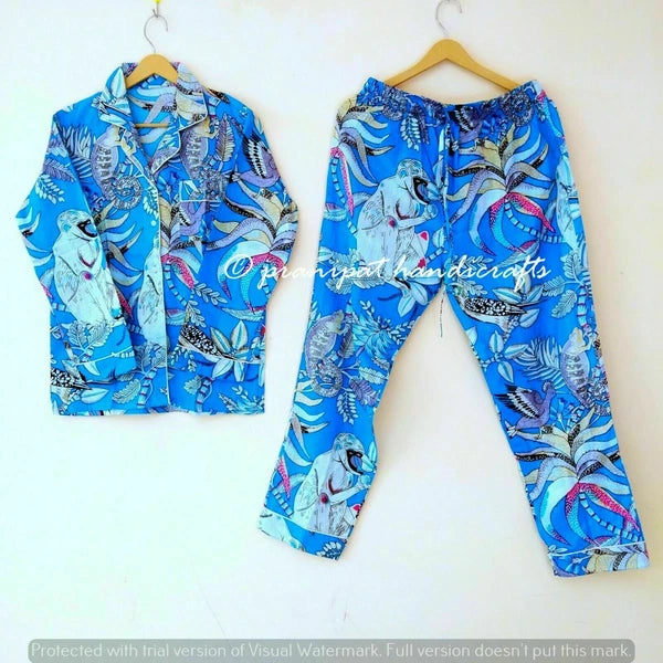 Indian Monkey Printed Cotton Turquoise Blue Women Gypsy Top-Pajama set Sleepwear