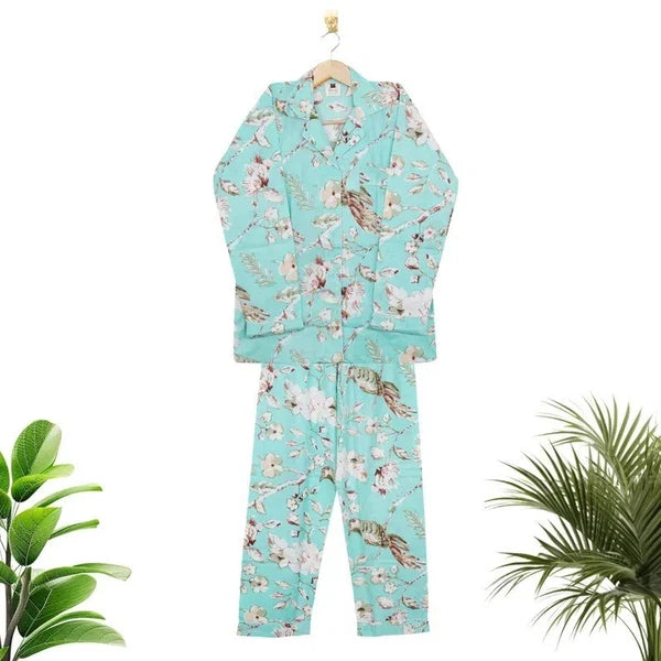 Indian Cotton Green Birds PJ Set Bridesmaid Pajama Set Women Nightwear Suits US