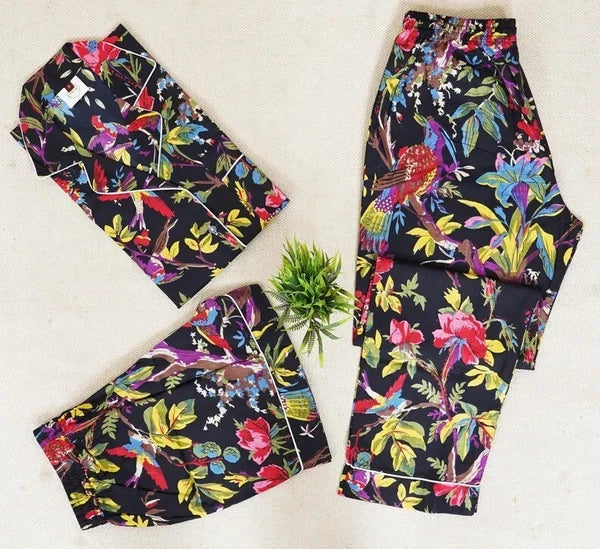 Indian Cotton Black Birds PJ Set Bridesmaid Pajama Set Women Nightwear Suits US
