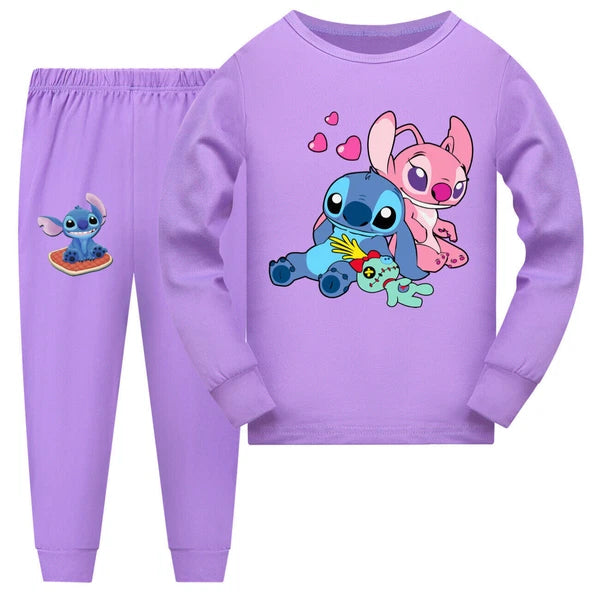 Girl Lilo Embroidered Long Sleeve T-shirt Pajama Set Casual Top Pants Set