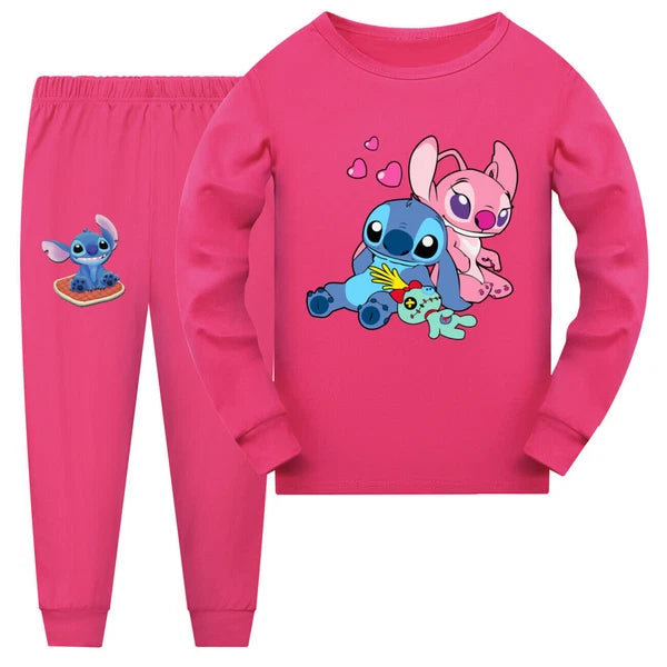 Girl Lilo Embroidered Long Sleeve T-shirt Pajama Set Casual Top Pants Set