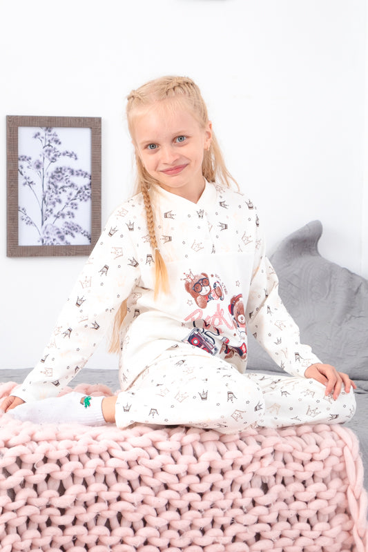 Girls’ Warm Brushed Pajama Set – Button Neck & Cute Print, , Demi-season,  No...