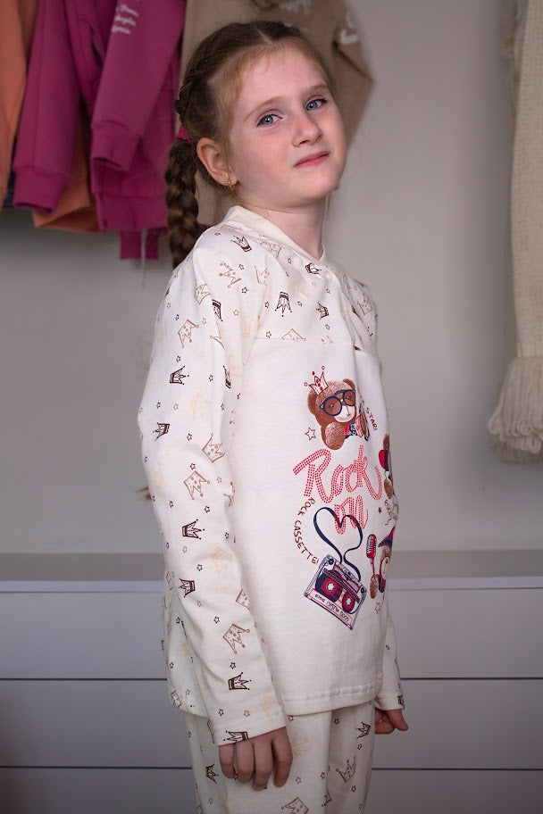 Girls’ Warm Brushed Pajama Set – Button Neck & Cute Print, , Demi-season,  No...