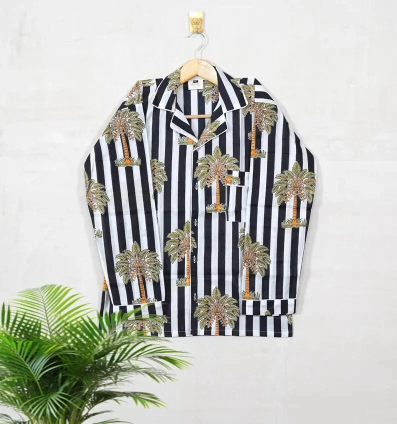 Indian Cotton Black Striped PJ Set Bridesmaid Pajama Set Women Nightwear Suit US