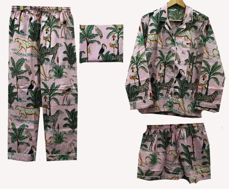 Indian Baby Pink Animal Printed PJ Night Suit With Hot Pant Handmade Pajama Sets