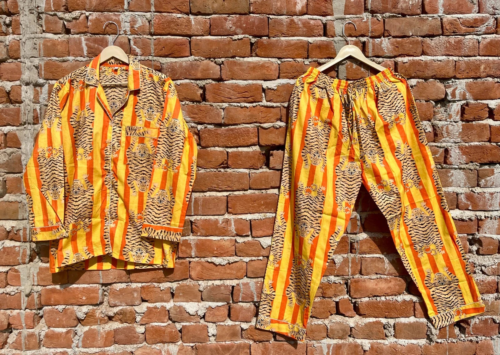 Indian Cotton Yellow Tiger PJ Set Bridesmaid Pajama Set Women Nightwear Suit US