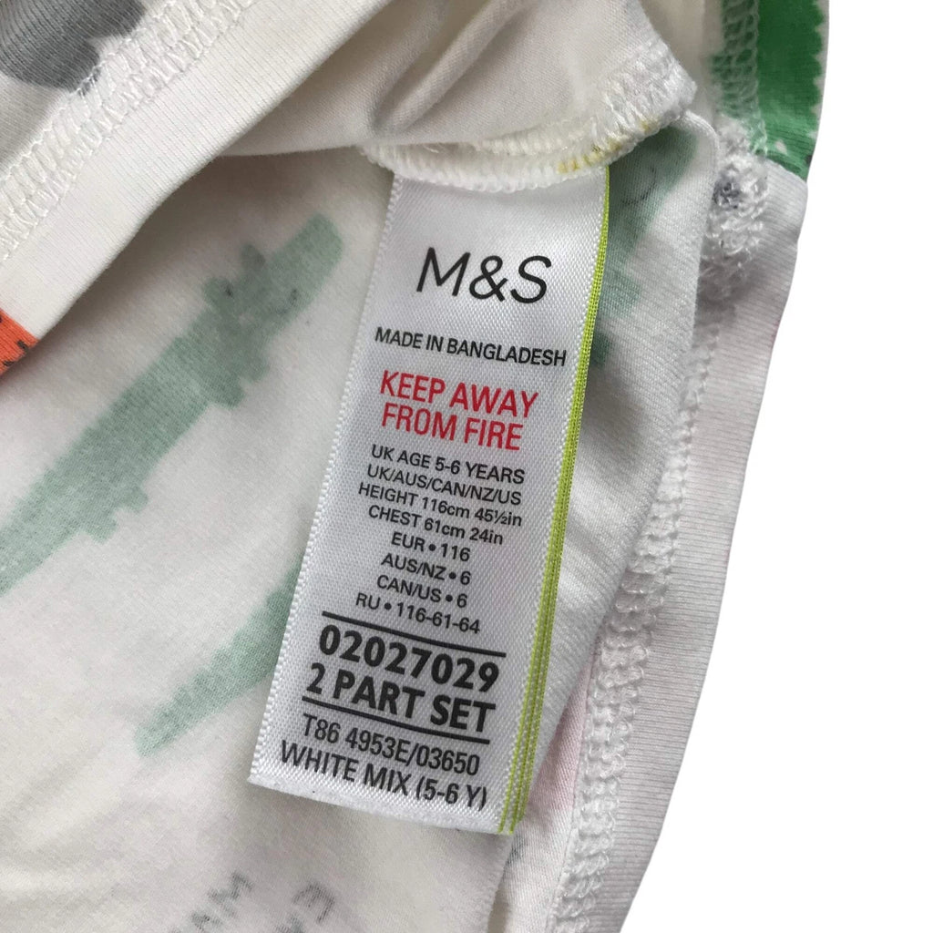 M&S pyjama set 5-6 years white and multicolour animals print long sleeve