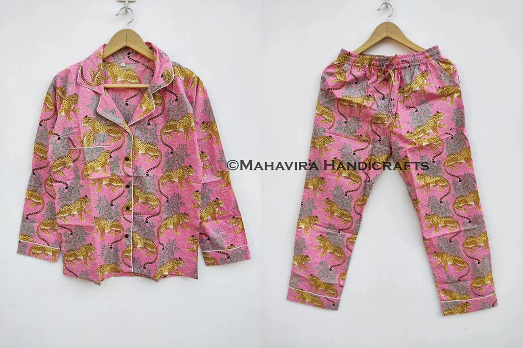 Indian Cotton Baagh Print Baby pink hippie Sleepwear gypsy Women Pajama set