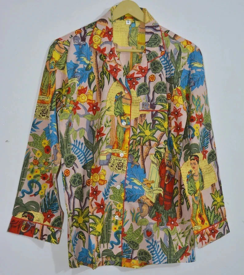 Women's Cotton Pj Set Baby Pink Frida Tree Palazzo Set Pyjamas Nightie Sleepwear