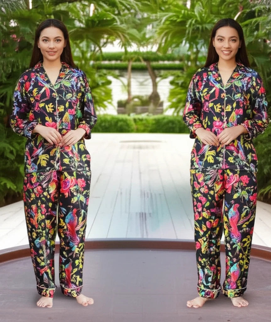 Indian Cotton Black Birds PJ Set Bridesmaid Pajama Set Women Nightwear Suits US