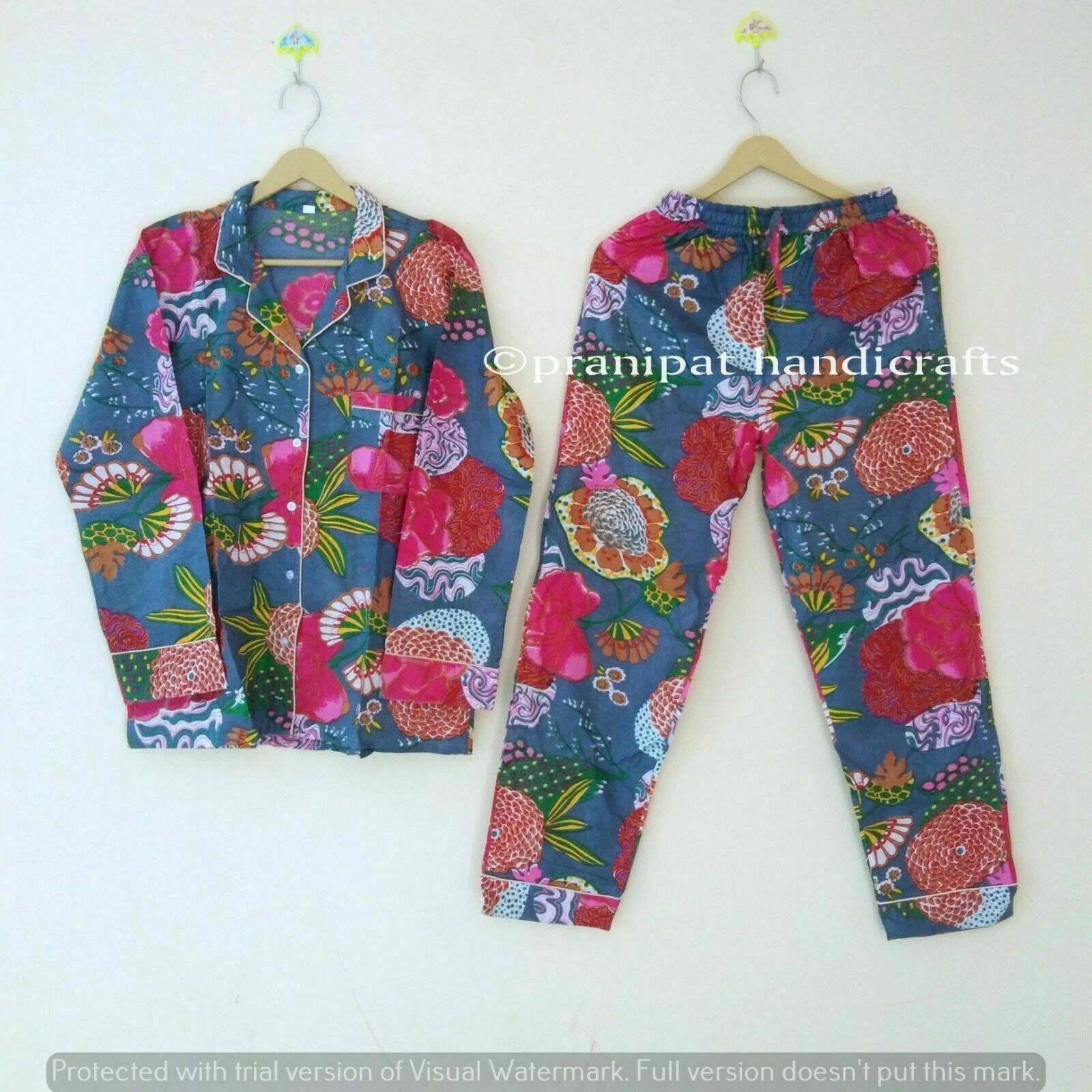 Indian Tropical Print Cotton Grey Hippie Women Gypsy Sleepwear Boho Pajama set