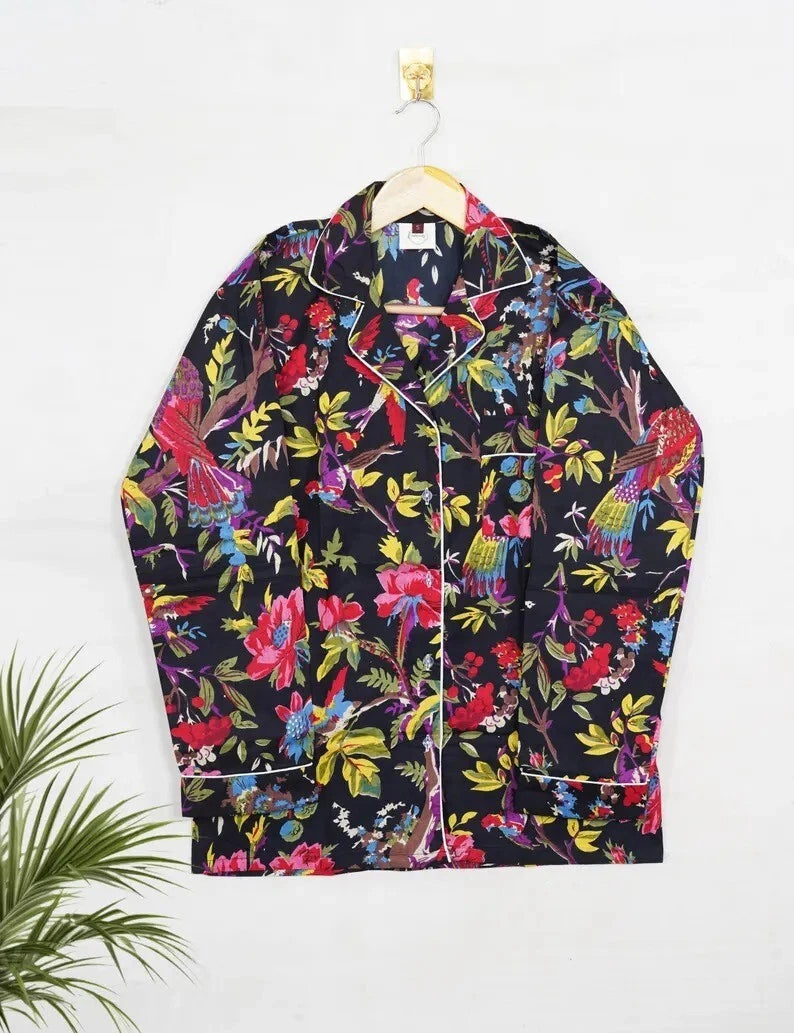 Indian Cotton Black Birds PJ Set Bridesmaid Pajama Set Women Nightwear Suits US