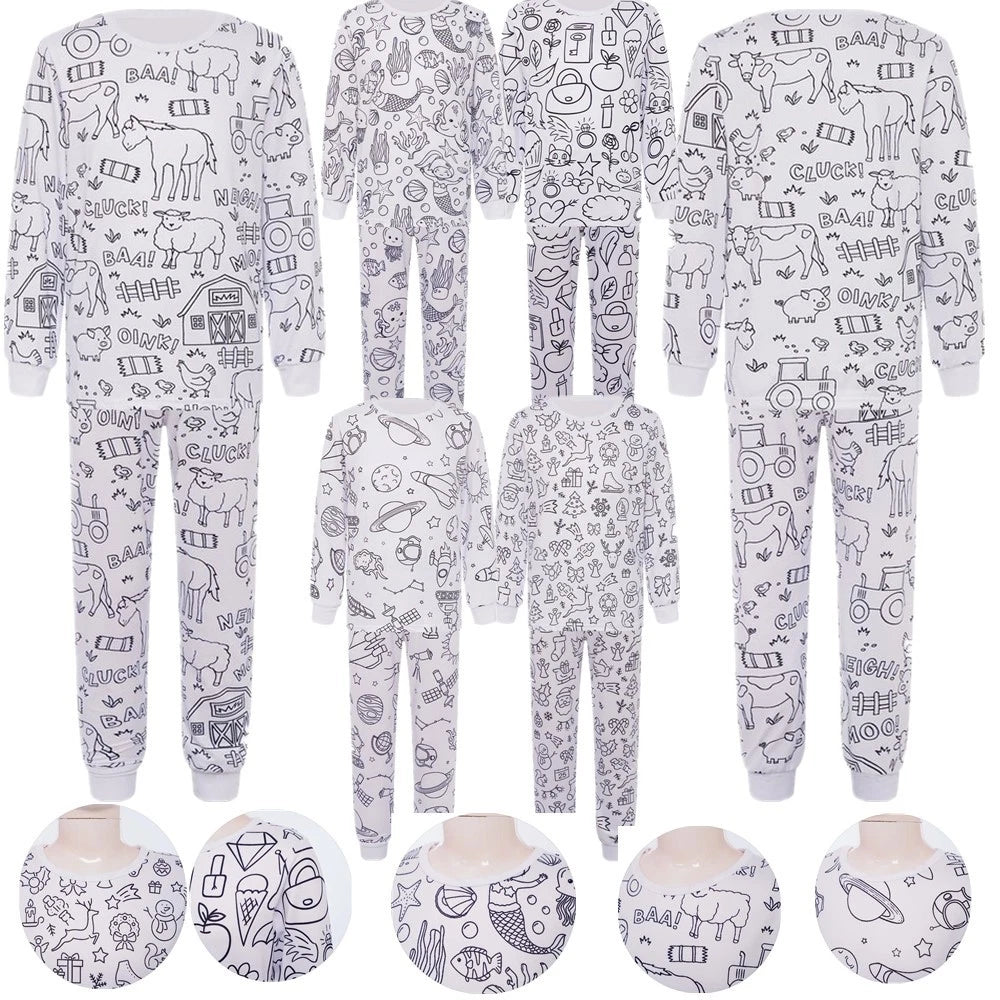 Kids Pajama Sets Hand-Painted Long Sleeve Top Elastic Waist Pants Home Sleepwear