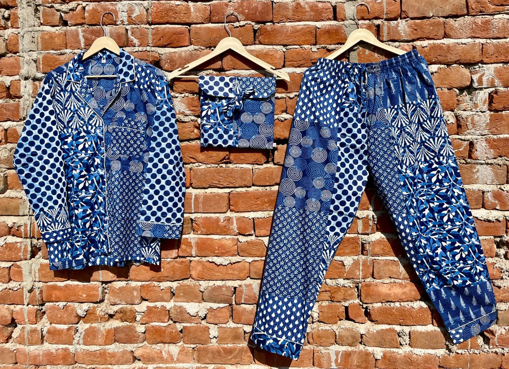 Indian Cotton Blue Patchwork PJ Set Bridesmaid Pajama Set Women Nightwear Suits