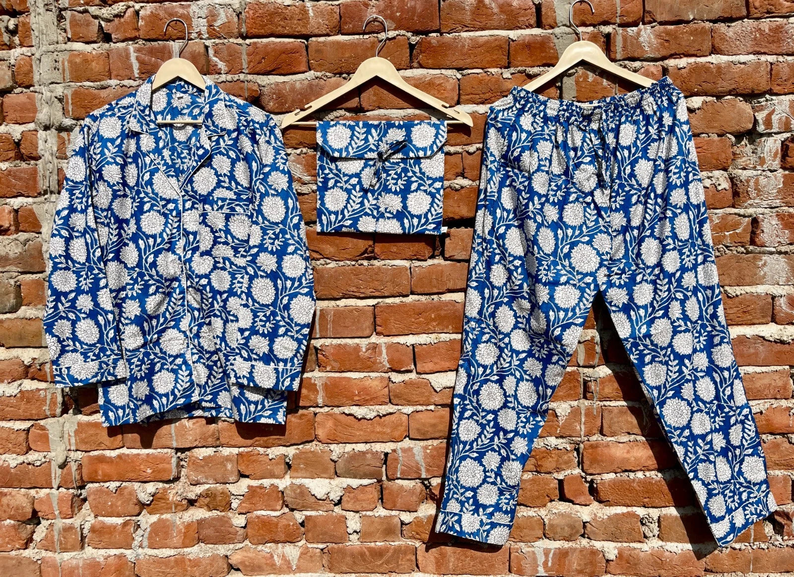 Indian Cotton Blue Floral PJ Set Bridesmaid Pajama Set Women Nightwear Suit US