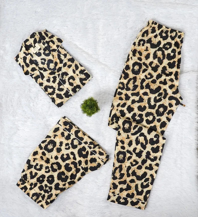 New Indian Cotton Leopard PJ Set Bridesmaid Pajama Set Women Nightwear Suits US