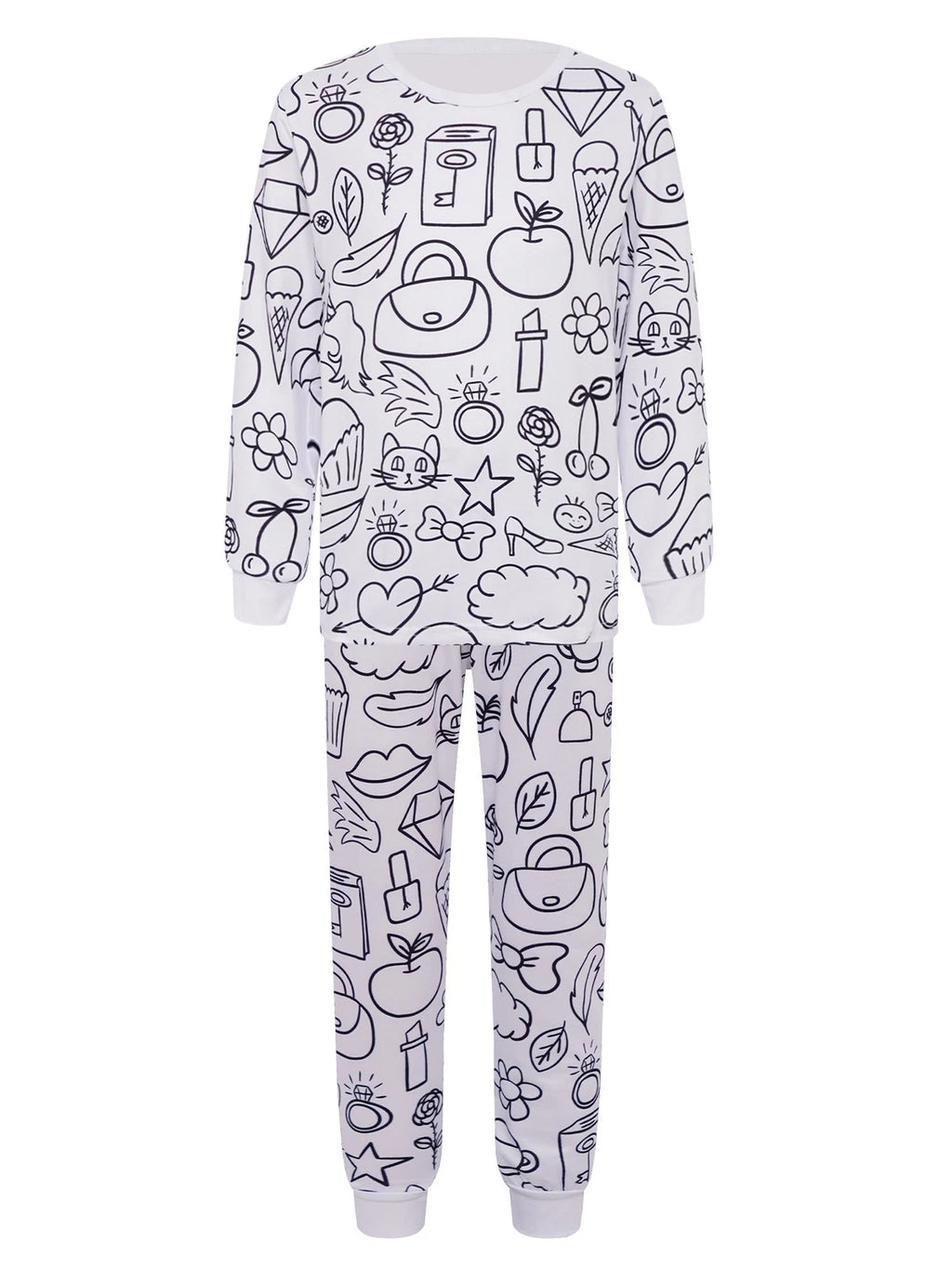 Kids Pajama Sets Hand-Painted Long Sleeve Top Elastic Waist Pants Home Sleepwear