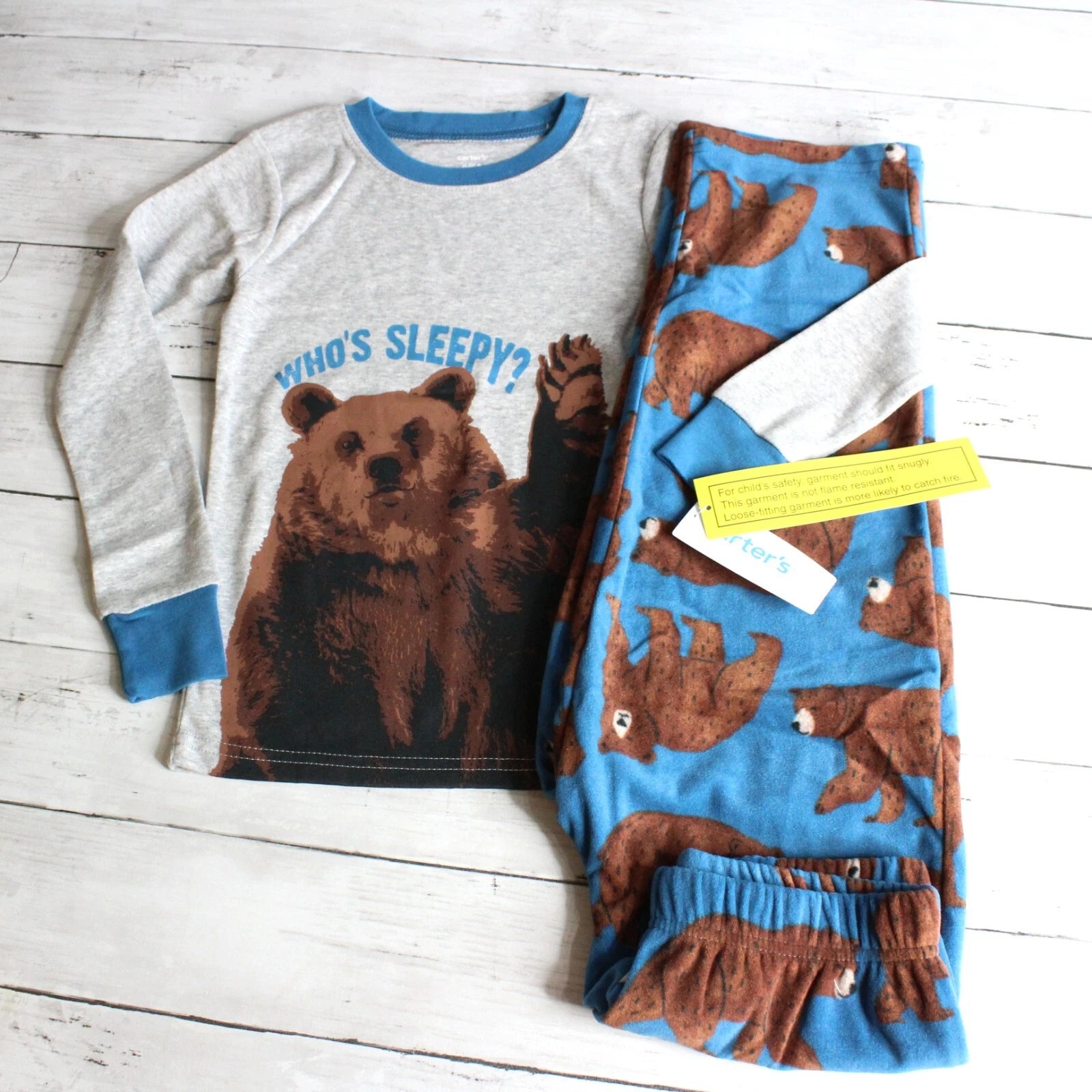 Carter's Boy's Winter 2 Pc Pajama Set Youth Size 5 5T Gray Blue Brown Bear