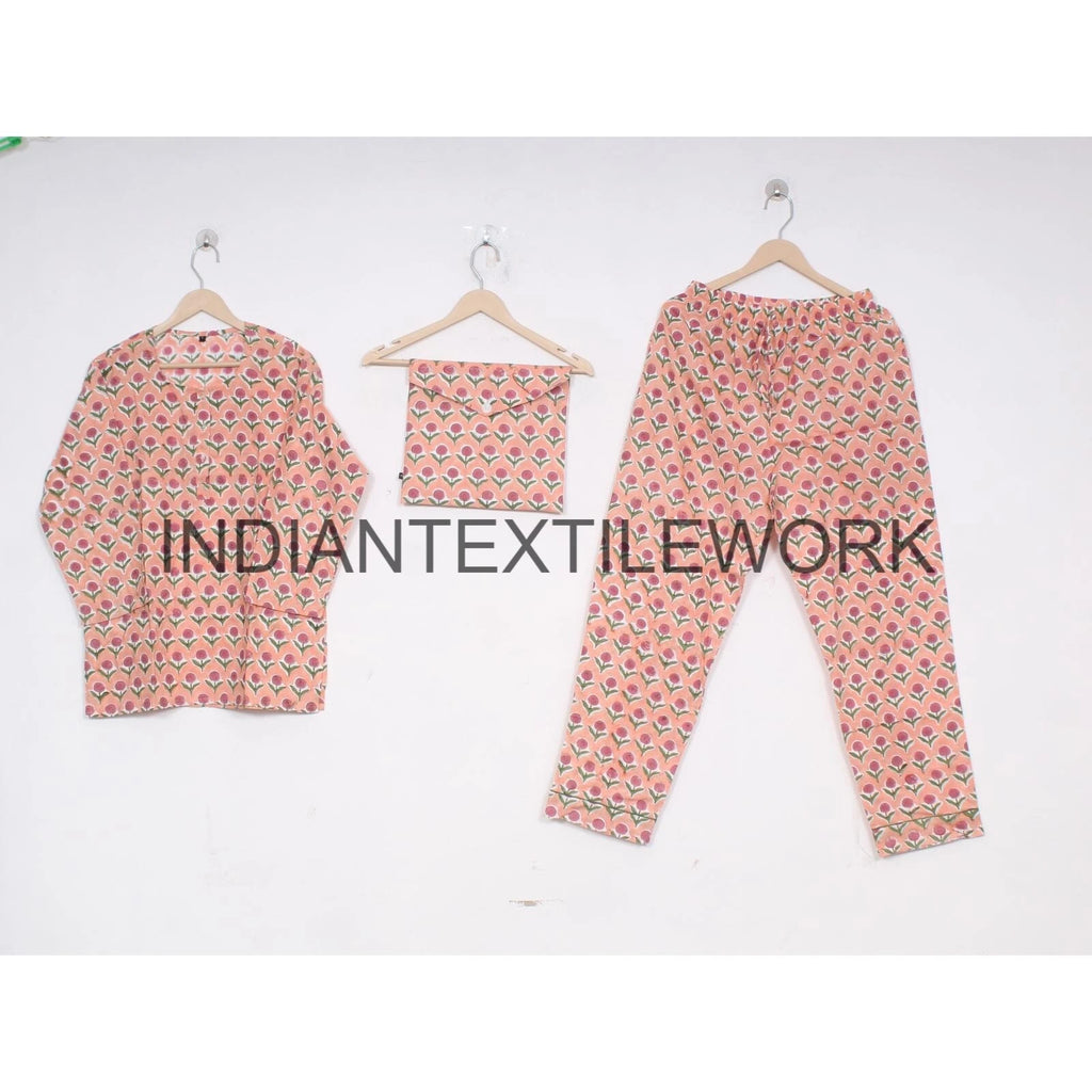 Indian Cotton Pajama Set Floral Print Home Wear Dress Morning Yoga Cotton PJ Set