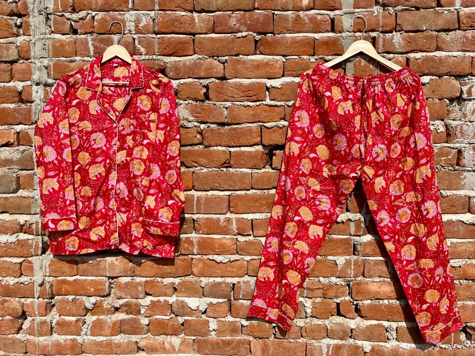 Indian Cotton Red Floral PJ Set Bridesmaid Pajama Set Women Nightwear Suit US