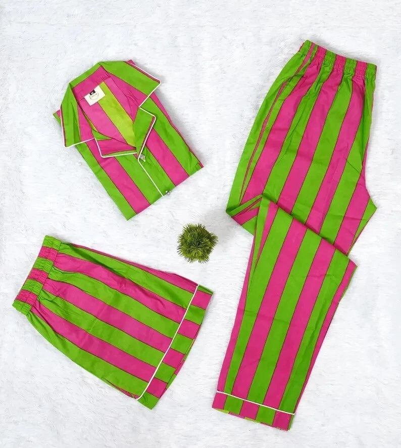 Indian 100%Cotton Hot Pant With Top & Pajama PJ Sets Nightwear Suit Stripe Print