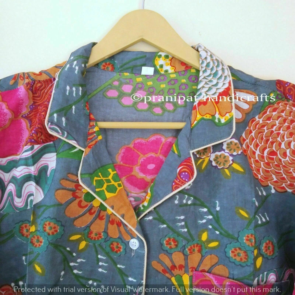 Indian Tropical Print Cotton Grey Hippie Women Gypsy Sleepwear Boho Pajama set