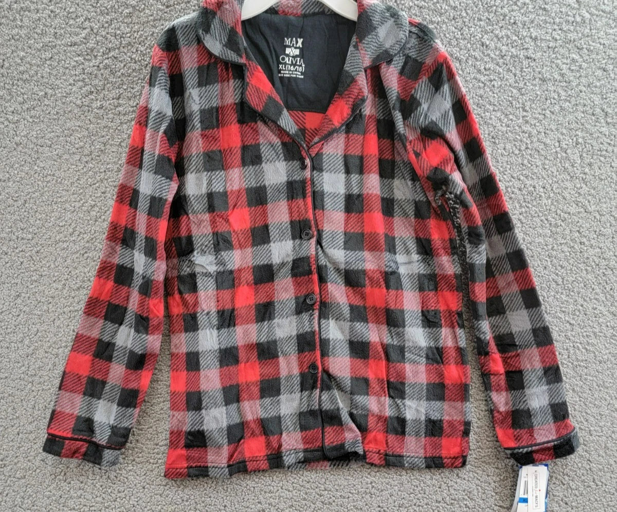Max & Olivia Flannel Pajama Set Big Boys XL (16-18) Red Multi Plaid Button Front